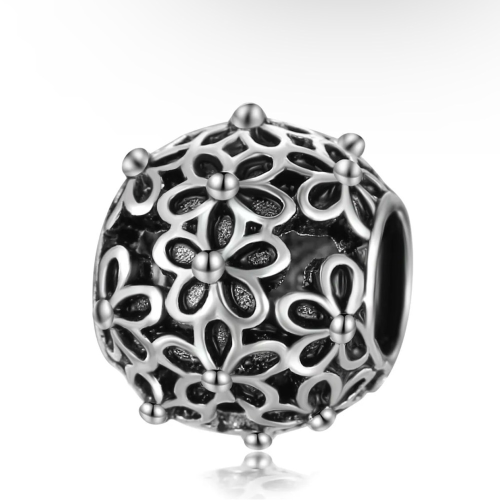 Flower Silver Tone Round European Charm - Collectable Classic Edition